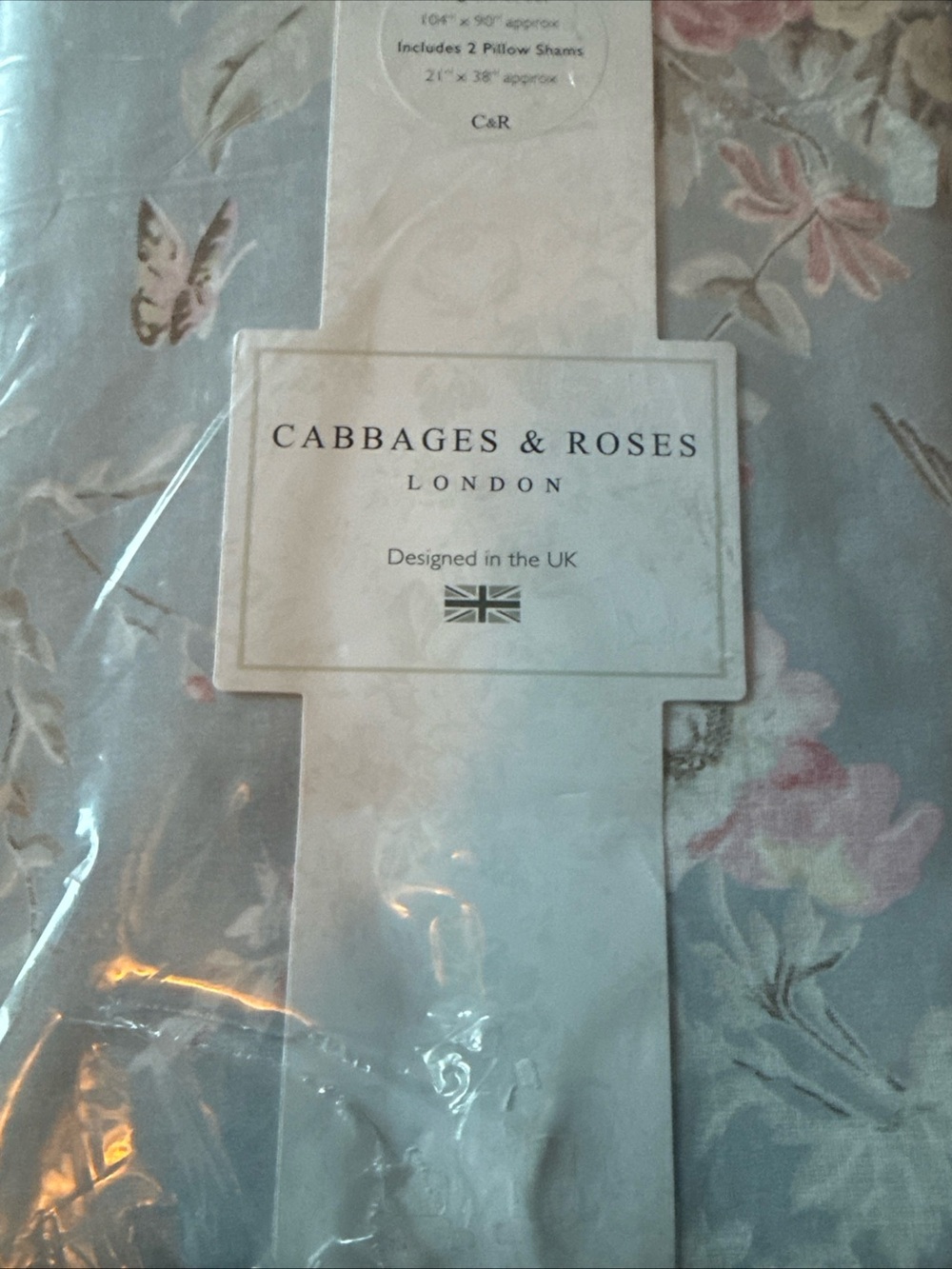 Cabbages & Roses Floral Duvet Cover Set in Light Blue King NWT